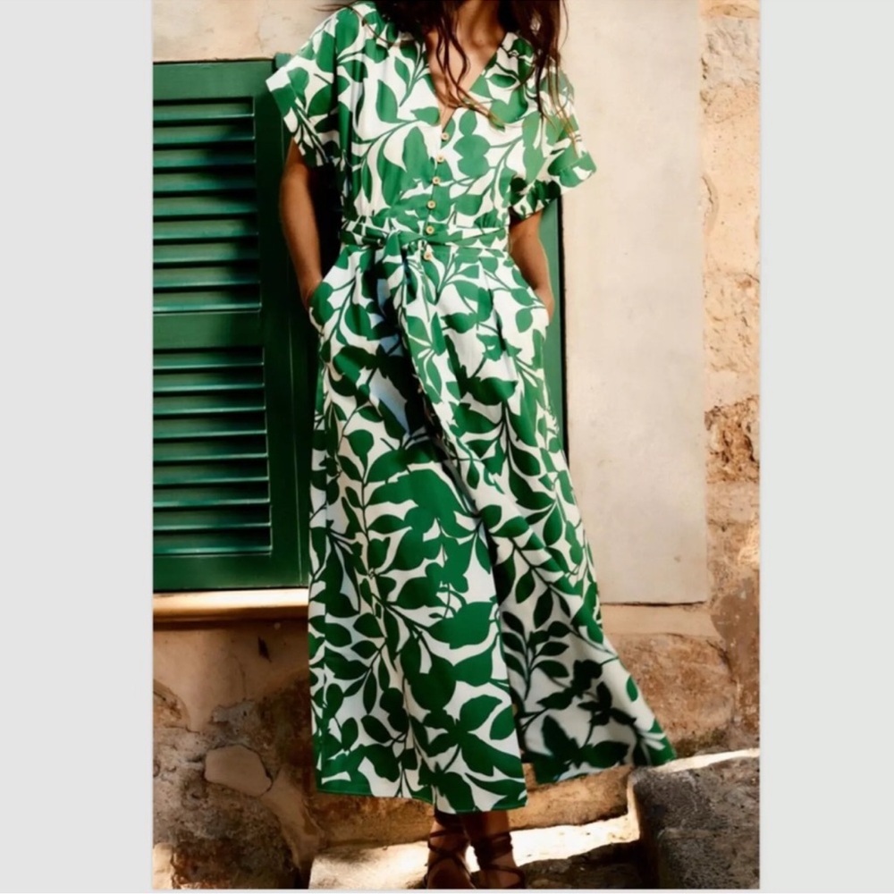 NWT M Zara spring summer Green White Floral Leaf Print Cotton Midi Shirt Dress
